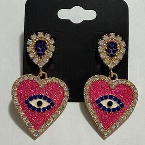 Pink Rhinestone Evil Eye Heart Drop Earrings Gold Tone Statement